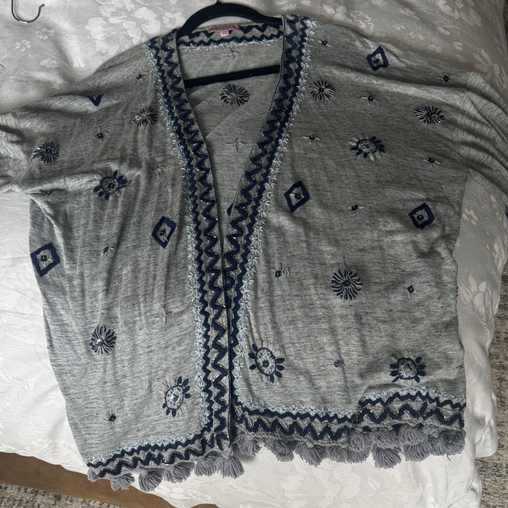 Calypso St. Barth Gray & Navy Embroidered Open-Front Cardigan